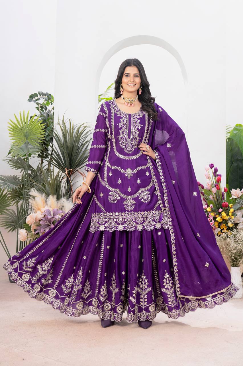 Ceremony Wear Purple Color Pure Chinnon Silk And Embroidery With Coding Sequence Work Palazzo Suit