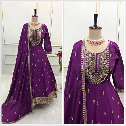 Ceremony Wear Purple Color Pure Chinon Silk Heavy 5mm Sequin Embroidery Work Beautiful Gown