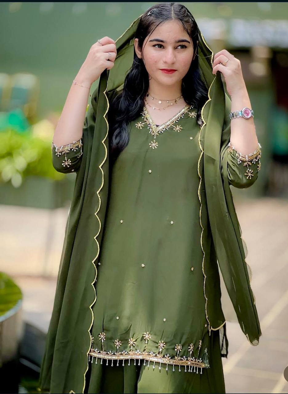 Festive Wear Green Color Pure Faux Georgette With Sequence Embroidery Work Sharara Suit