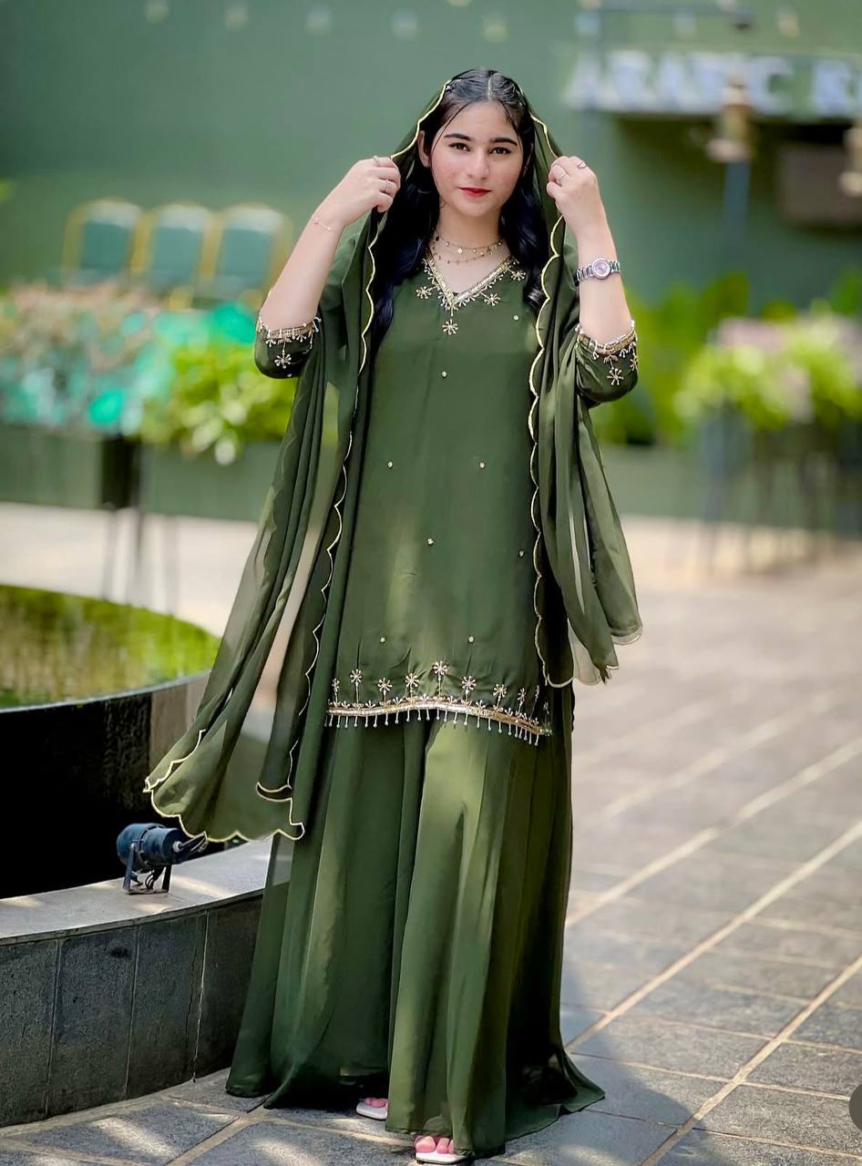 Festive Wear Green Color Pure Faux Georgette With Sequence Embroidery Work Sharara Suit