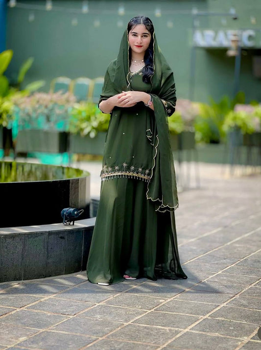 Festive Wear Green Color Pure Faux Georgette With Sequence Embroidery Work Sharara Suit