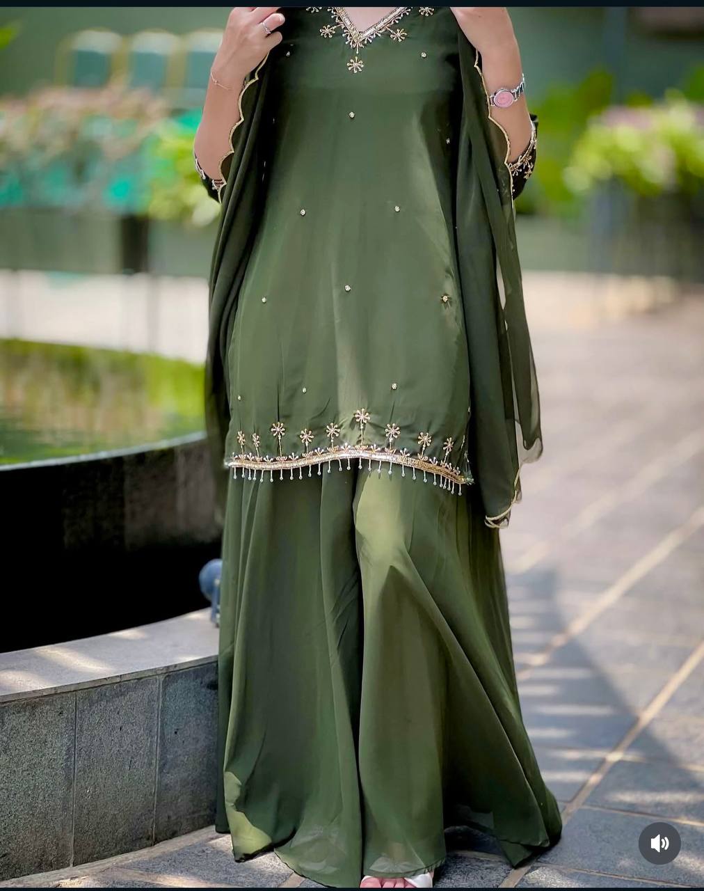Festive Wear Green Color Pure Faux Georgette With Sequence Embroidery Work Sharara Suit