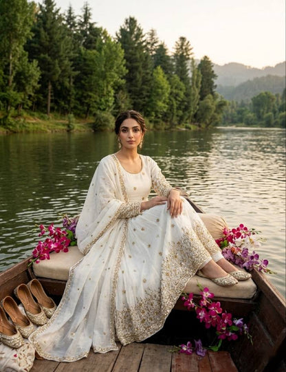 Occasion Wear White Color Embroidered Sequence Anarkali Gown With Dupatta