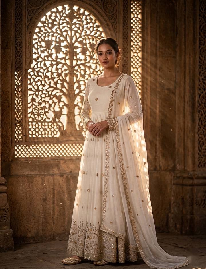 Occasion Wear White Color Embroidered Sequence Anarkali Gown With Dupatta