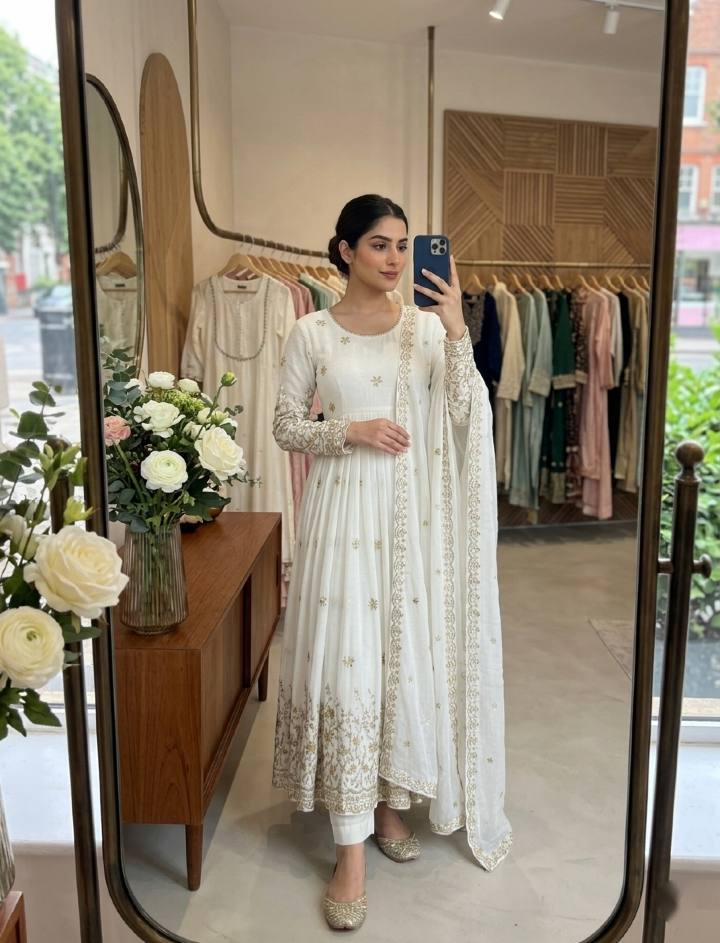 Occasion Wear White Color Embroidered Sequence Anarkali Gown With Dupatta