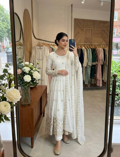 Occasion Wear White Color Embroidered Sequence Anarkali Gown With Dupatta
