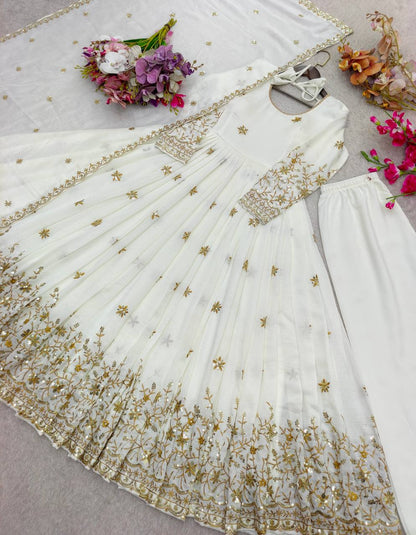 Occasion Wear White Color Embroidered Sequence Anarkali Gown With Dupatta