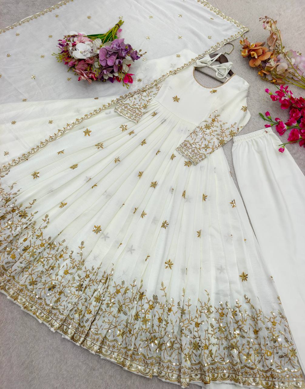 Occasion Wear White Color Embroidered Sequence Anarkali Gown With Dupatta