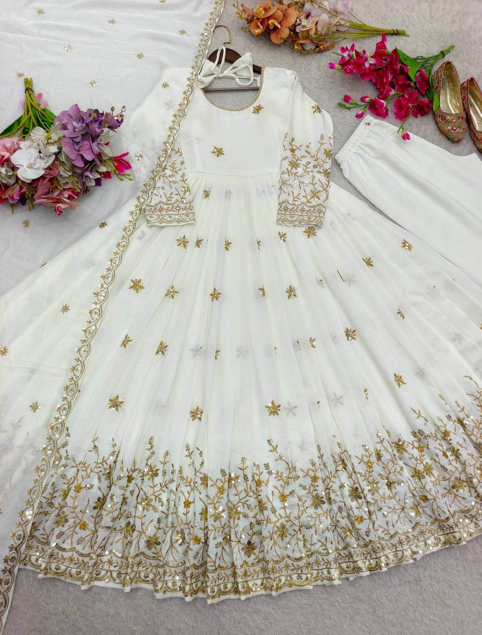 Occasion Wear White Color Embroidered Sequence Anarkali Gown With Dupatta