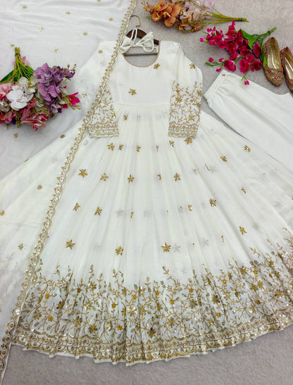 Occasion Wear White Color Embroidered Sequence Anarkali Gown With Dupatta