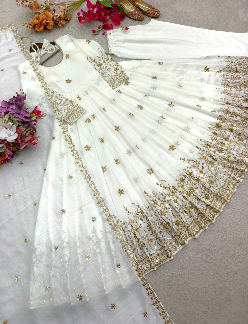 Occasion Wear White Color Embroidered Sequence Anarkali Gown With Dupatta