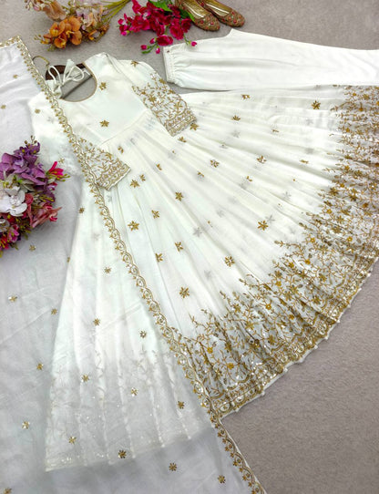 Occasion Wear White Color Embroidered Sequence Anarkali Gown With Dupatta