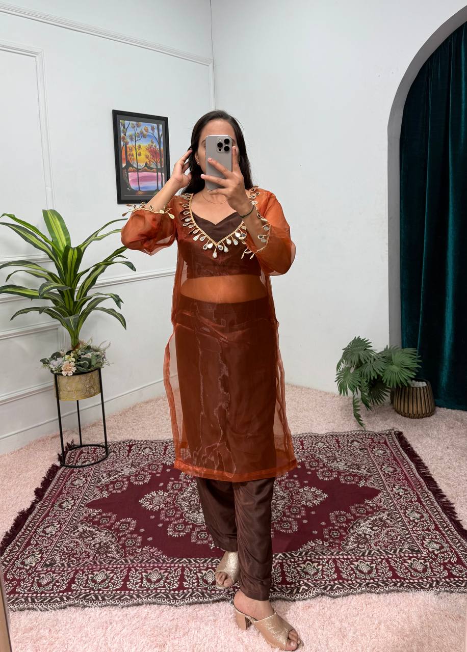 Trendy Coffee Color Organza With Mirror Lace Work Fully Stitch Salwar Suit