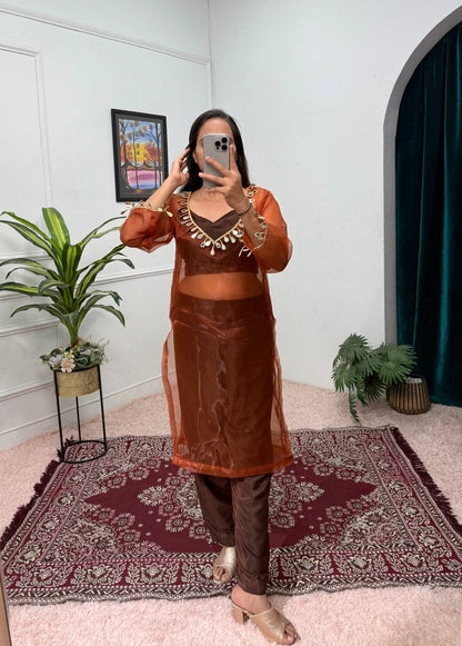 Trendy Coffee Color Organza With Mirror Lace Work Fully Stitch Salwar Suit