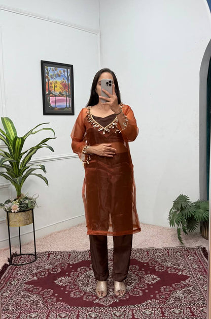 Trendy Coffee Color Organza With Mirror Lace Work Fully Stitch Salwar Suit