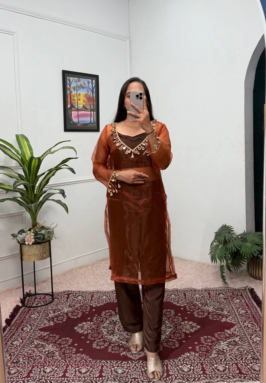 Trendy Coffee Color Organza With Mirror Lace Work Fully Stitch Salwar Suit