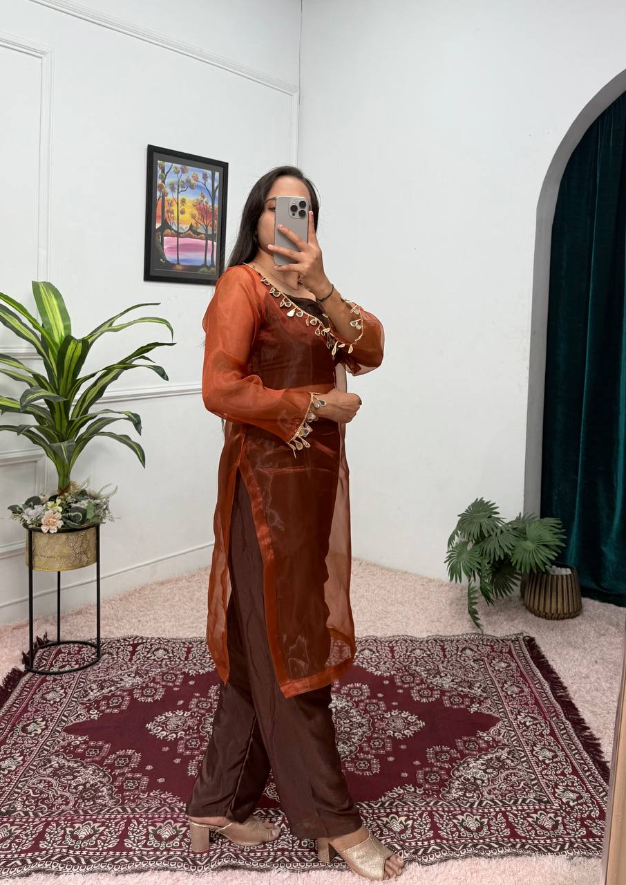 Trendy Coffee Color Organza With Mirror Lace Work Fully Stitch Salwar Suit
