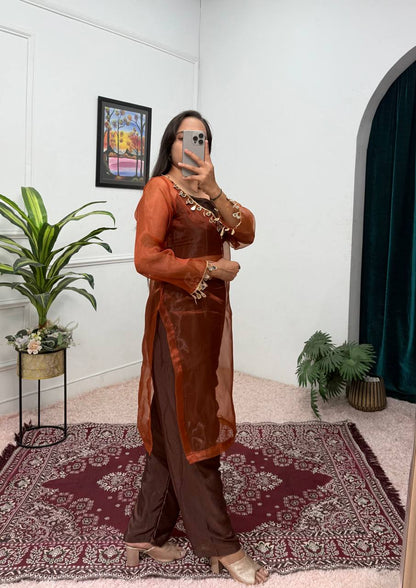 Trendy Coffee Color Organza With Mirror Lace Work Fully Stitch Salwar Suit