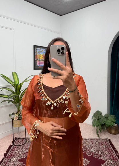 Trendy Coffee Color Organza With Mirror Lace Work Fully Stitch Salwar Suit