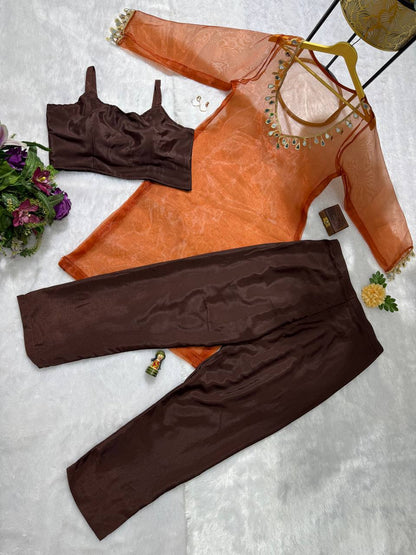 Trendy Coffee Color Organza With Mirror Lace Work Fully Stitch Salwar Suit