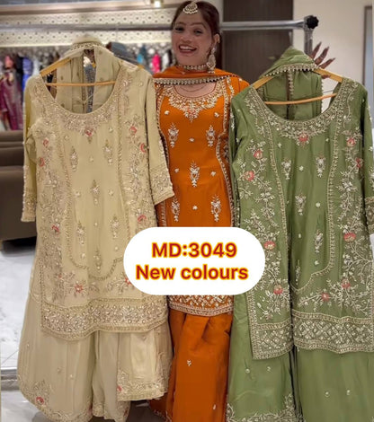 Festive Wear Off White Color Natural Crep Material With Sequence Embroidery Work Sharara Suit