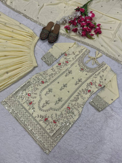 Festive Wear Off White Color Natural Crep Material With Sequence Embroidery Work Sharara Suit