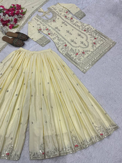 Festive Wear Off White Color Natural Crep Material With Sequence Embroidery Work Sharara Suit