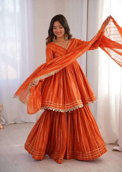Arti Chauhan Wear Orange Color Mal Chanderi Real Mirror Handwork Sharara Suit