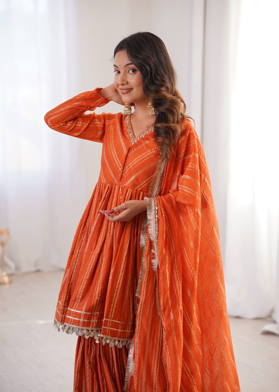 Arti Chauhan Wear Orange Color Mal Chanderi Real Mirror Handwork Sharara Suit