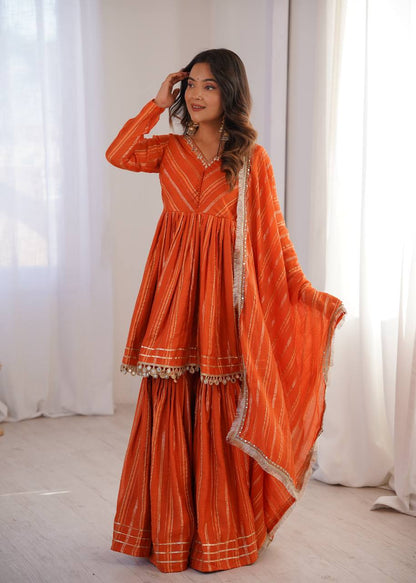 Arti Chauhan Wear Orange Color Mal Chanderi Real Mirror Handwork Sharara Suit