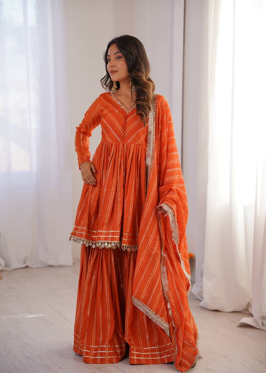 Arti Chauhan Wear Orange Color Mal Chanderi Real Mirror Handwork Sharara Suit