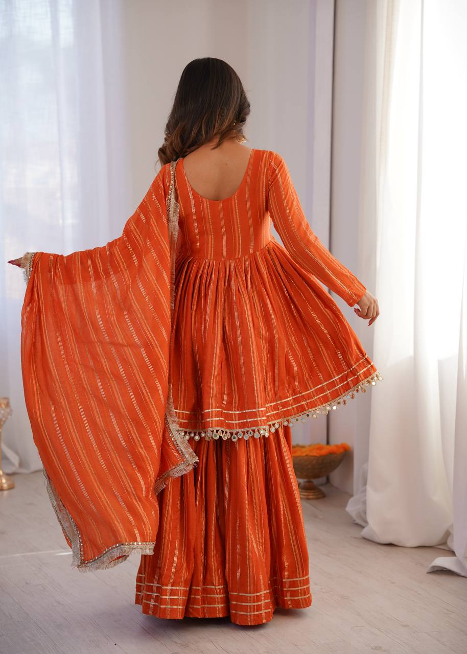 Arti Chauhan Wear Orange Color Mal Chanderi Real Mirror Handwork Sharara Suit