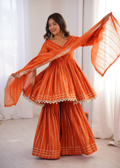 Arti Chauhan Wear Orange Color Mal Chanderi Real Mirror Handwork Sharara Suit