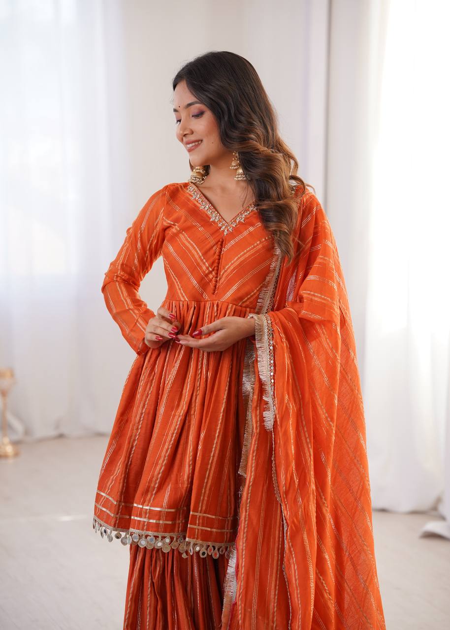 Arti Chauhan Wear Orange Color Mal Chanderi Real Mirror Handwork Sharara Suit