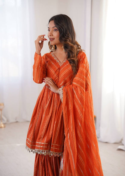 Arti Chauhan Wear Orange Color Mal Chanderi Real Mirror Handwork Sharara Suit