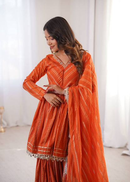 Arti Chauhan Wear Orange Color Mal Chanderi Real Mirror Handwork Sharara Suit