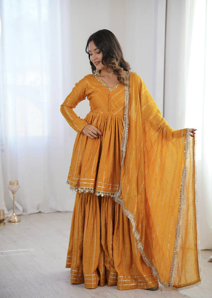 Gorgeous Yellow Color Mal Chanderi Real Mirror Handwork Sharara Suit