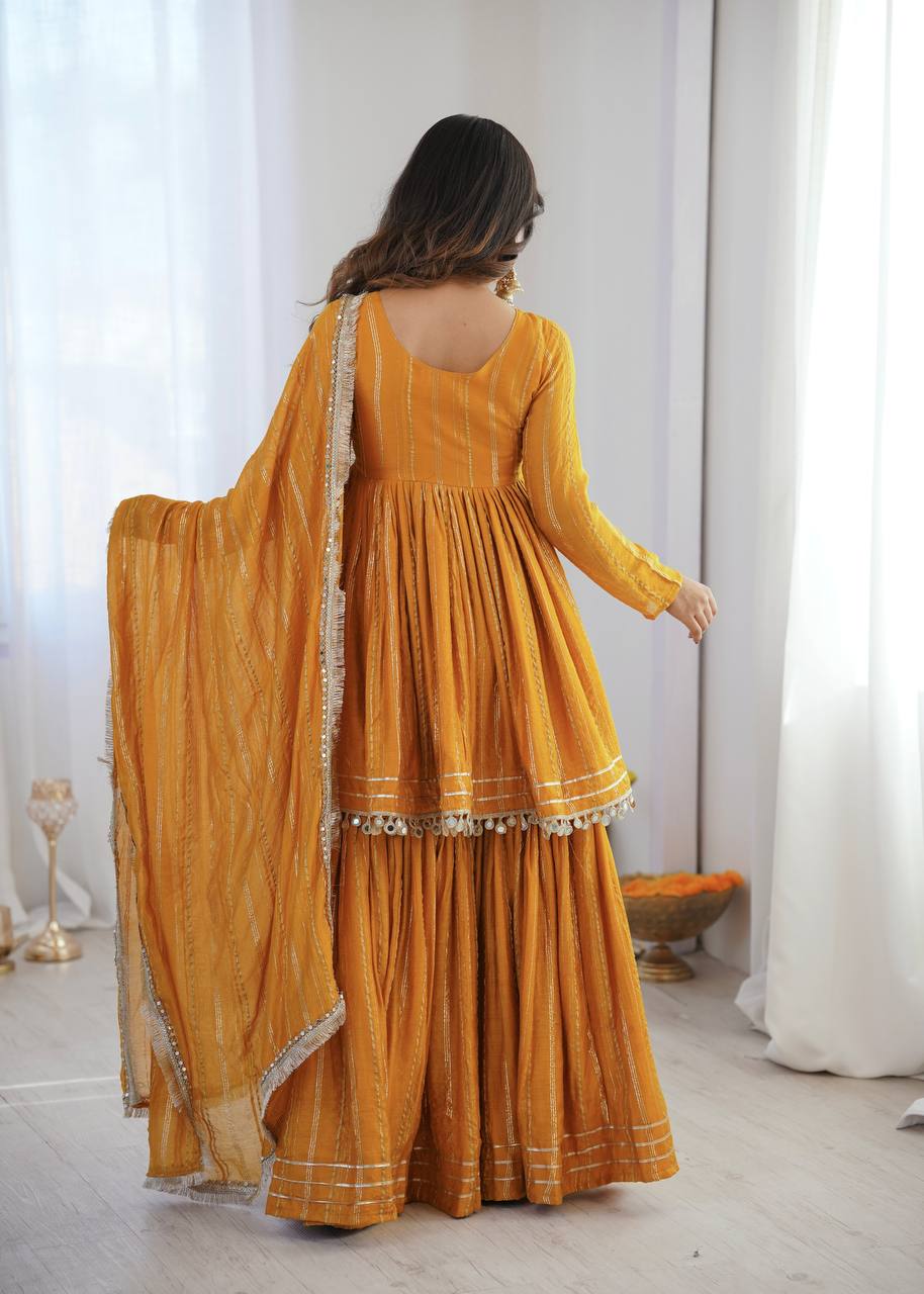 Gorgeous Yellow Color Mal Chanderi Real Mirror Handwork Sharara Suit
