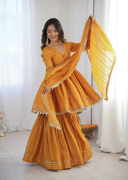 Gorgeous Yellow Color Mal Chanderi Real Mirror Handwork Sharara Suit
