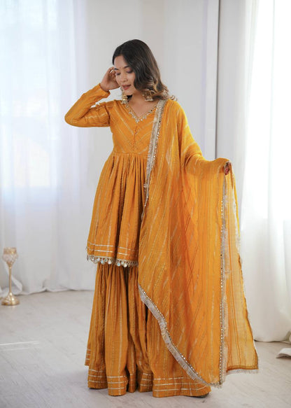 Gorgeous Yellow Color Mal Chanderi Real Mirror Handwork Sharara Suit