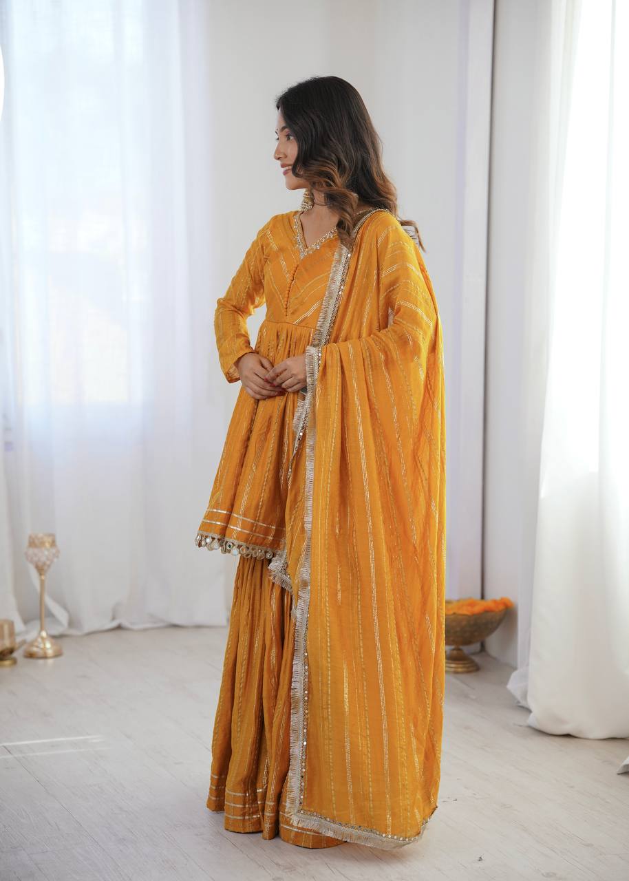 Gorgeous Yellow Color Mal Chanderi Real Mirror Handwork Sharara Suit