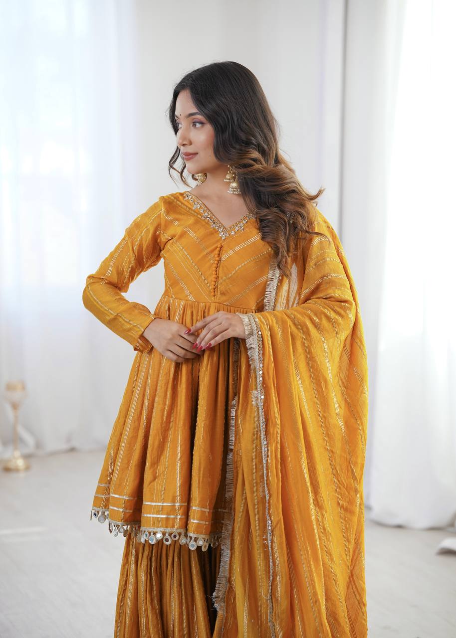 Gorgeous Yellow Color Mal Chanderi Real Mirror Handwork Sharara Suit