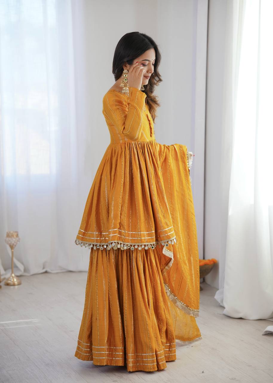 Gorgeous Yellow Color Mal Chanderi Real Mirror Handwork Sharara Suit