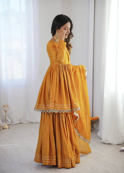 Gorgeous Yellow Color Mal Chanderi Real Mirror Handwork Sharara Suit
