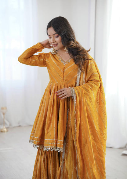 Gorgeous Yellow Color Mal Chanderi Real Mirror Handwork Sharara Suit