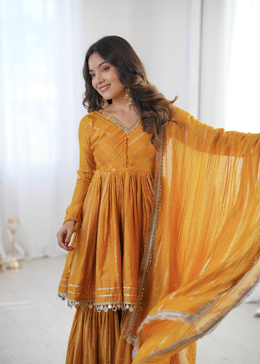 Gorgeous Yellow Color Mal Chanderi Real Mirror Handwork Sharara Suit