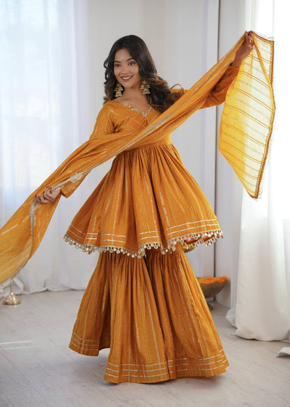 Gorgeous Yellow Color Mal Chanderi Real Mirror Handwork Sharara Suit