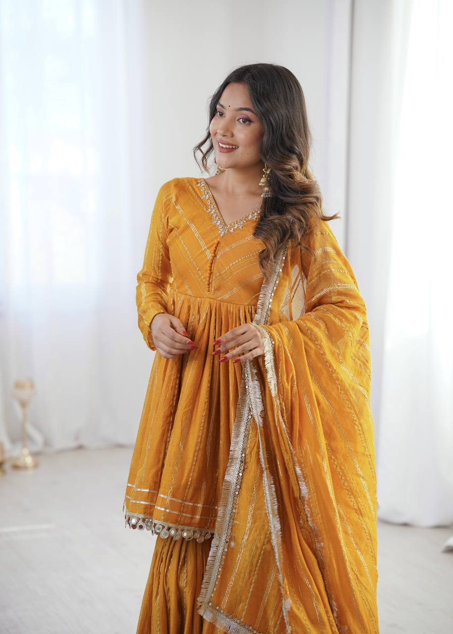 Gorgeous Yellow Color Mal Chanderi Real Mirror Handwork Sharara Suit