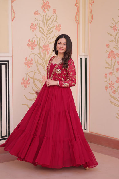 Party Wear Rani Pink Color Faux Blooming With Sequins And Zari Embroidered Work Designer Gown