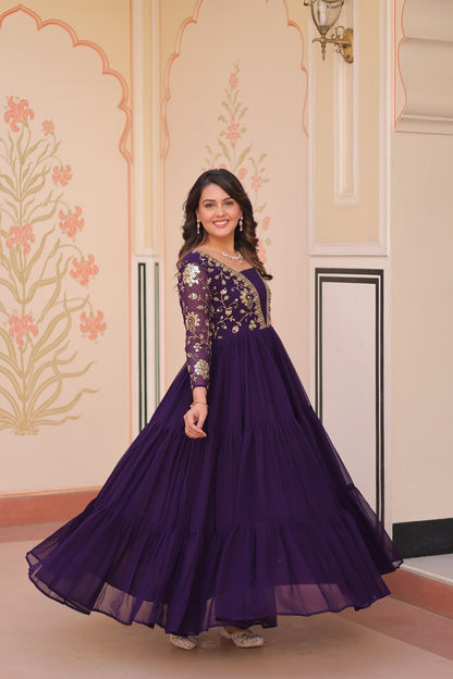 Reception Wear Purple Color Faux Blooming With Sequins And Zari Embroidered Work Designer Gown